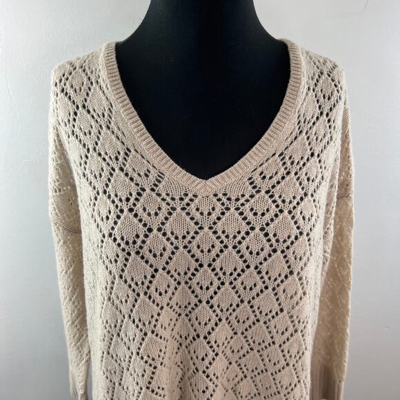 CALYPSO Cashmere Diamond Knit Sweater V-Neckline Long Sleeve Beige Size L Large - Picture 2 of 9
